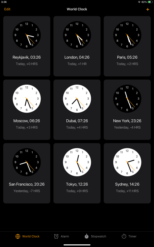 World Clock showing nine analogue clocks