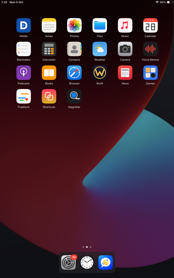 Home screen with six icon columns and a dock